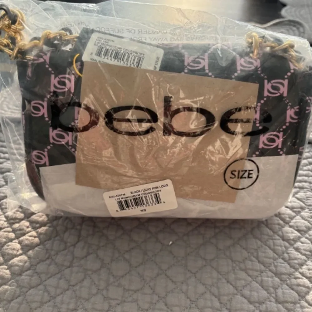 Bebe Liv Logo Monogram Crossbody Black Light Pink Gold Chain NWT